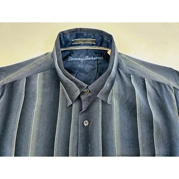 Tommy Bahama Size Large Men Blue Vanilla Trim Blue Stripe Button Down Silk Shirt - Picture 6 of 10